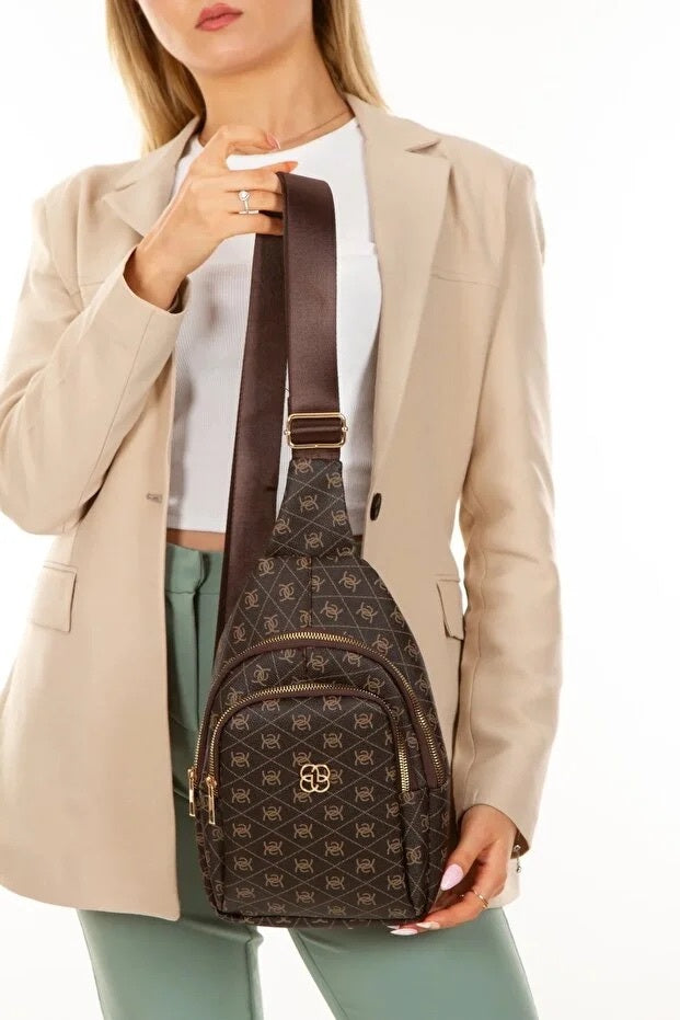 Women Brown Leather Monogram Crossbody Belt Chest And Shoulder Bag