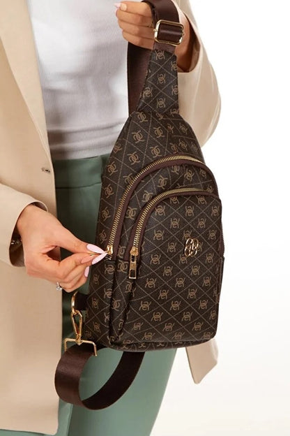 Women Brown Leather Monogram Crossbody Belt Chest And Shoulder Bag