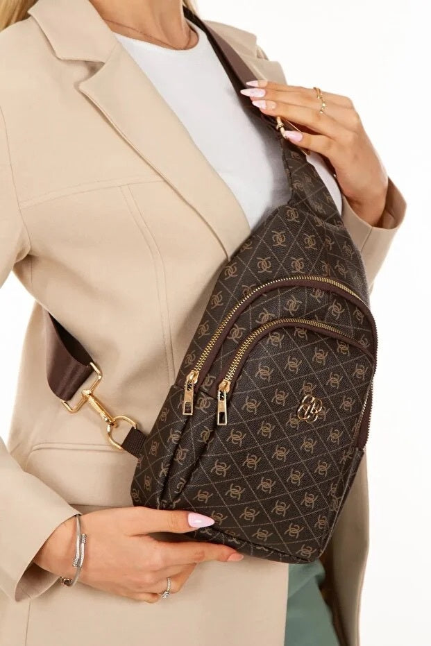 Women Brown Leather Monogram Crossbody Belt Chest And Shoulder Bag