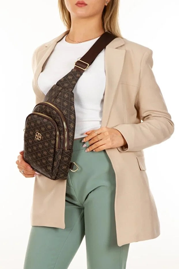 Women Brown Leather Monogram Crossbody Belt Chest And Shoulder Bag